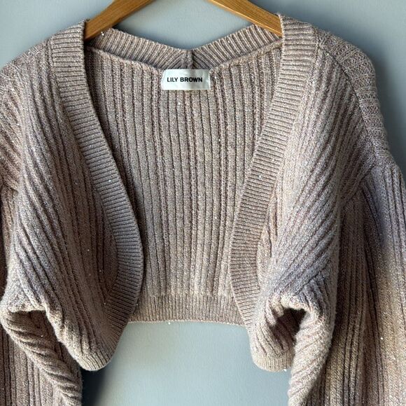 Lily Brown Pink Sparkle Cropped Ribbed Knit Cardigan - Picture 5 of 11